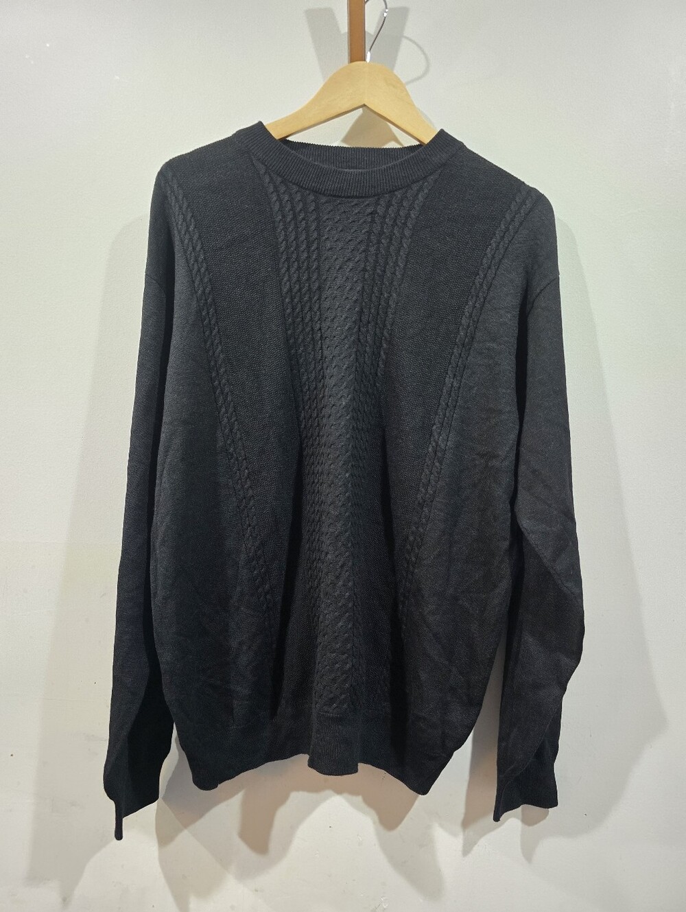 Vintage Protege Collection Men’s L Silk Cotton Black Cable Knit Sweater Preppy